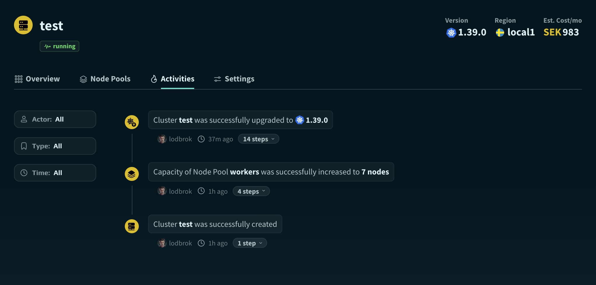 The activity log of a cluster, listing recent operations.