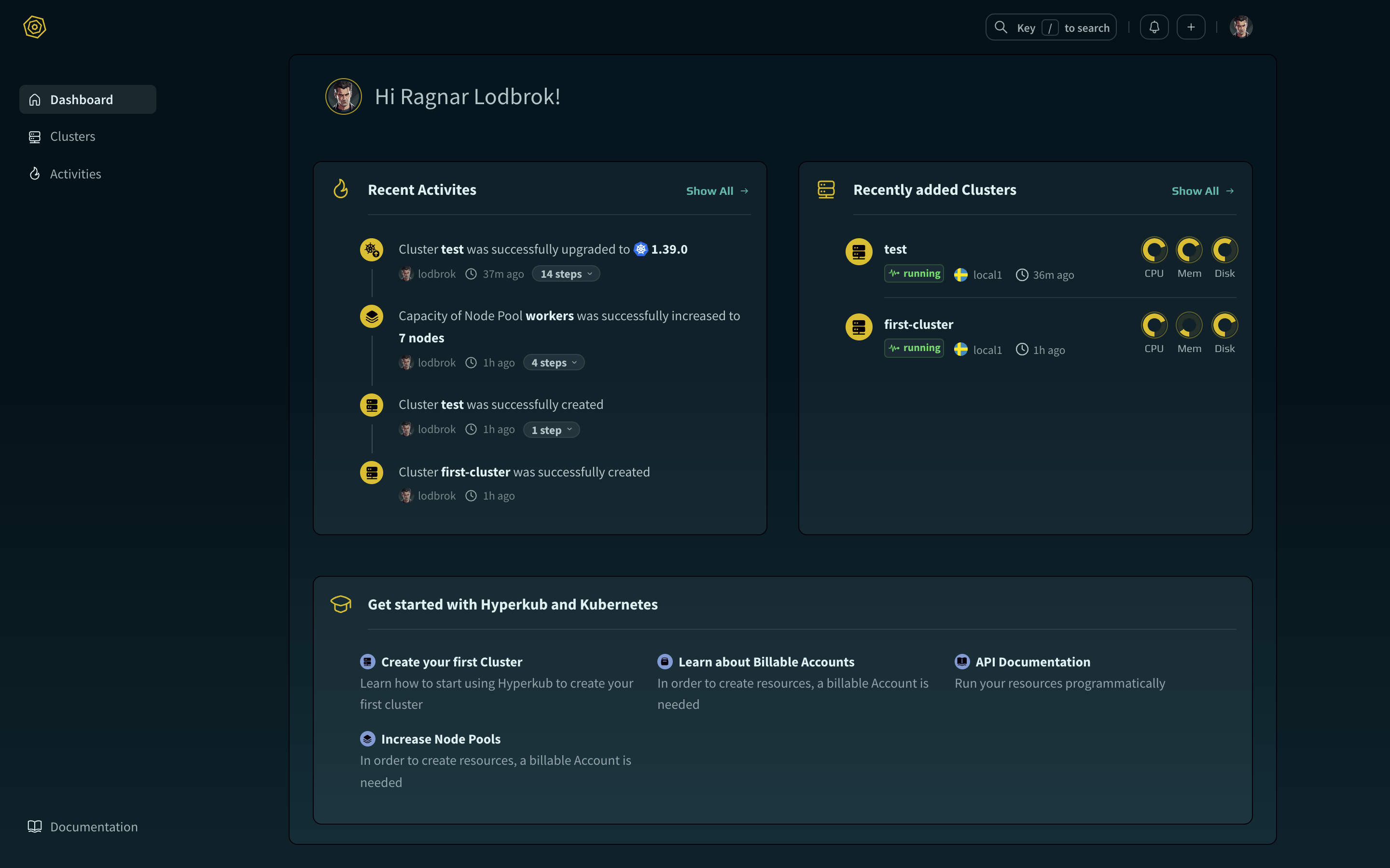 The Hyperkub control plane dashboard, showing clusters, activity and account credits.