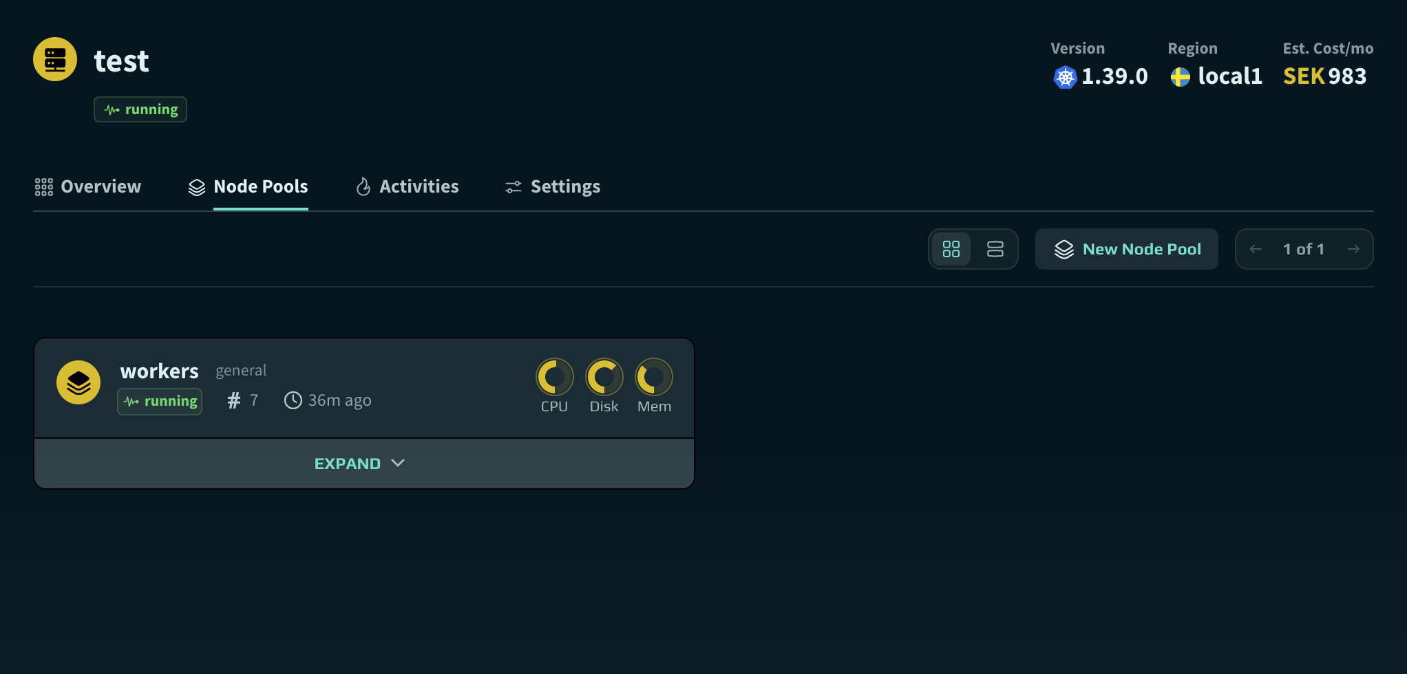 A cluster's node pools, with node sizes, counts and monthly cost.
